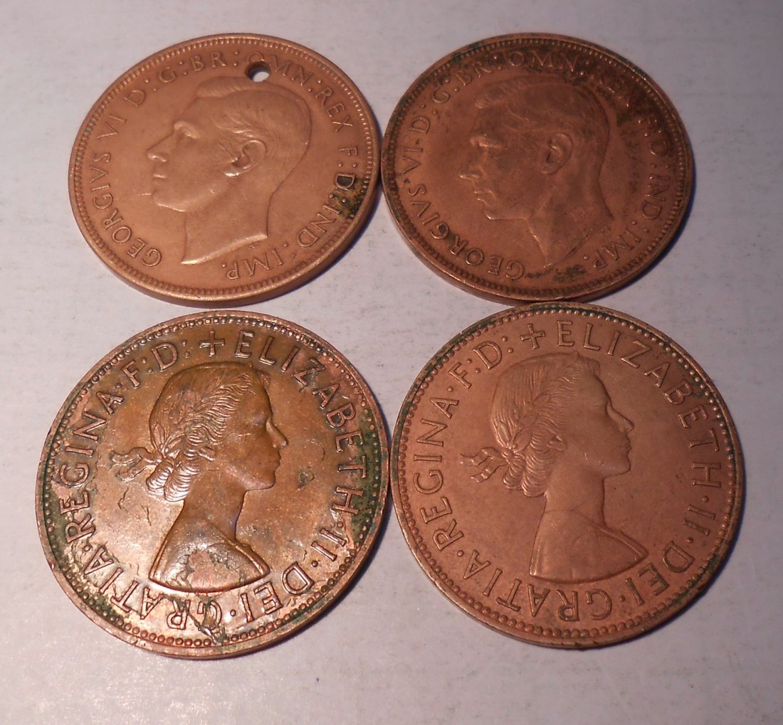  TK2 Großbritannien 4er Lot, 1 Penny George VI 1937 1945 + Elizabeth II.1962 1962   