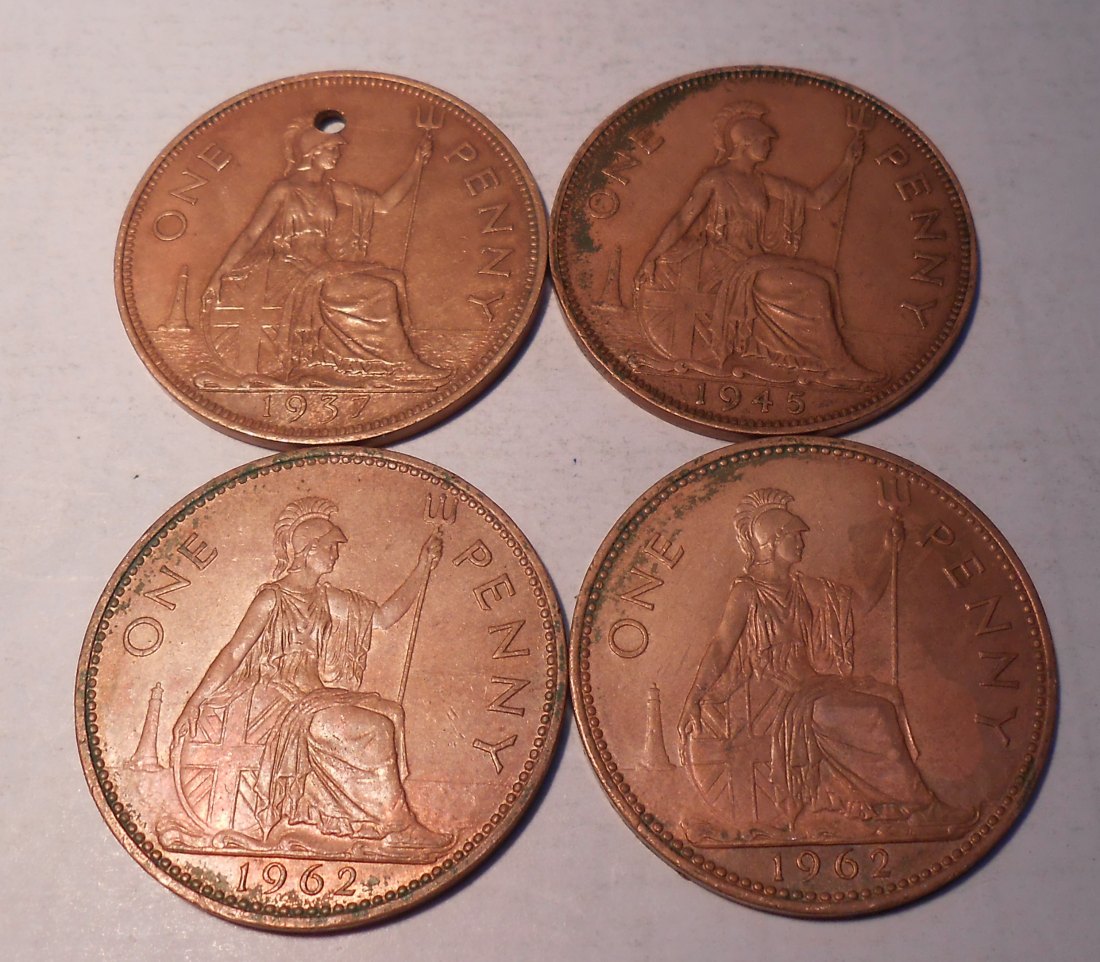  TK2 Großbritannien 4er Lot, 1 Penny George VI 1937 1945 + Elizabeth II.1962 1962   