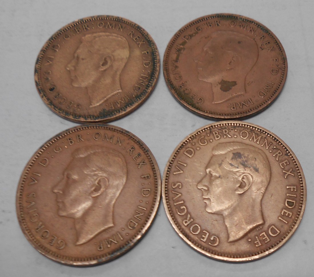  TK4 Großbritannien 4er Lot, 1/2 Penny George VI. 1940 1945 1948 1952   