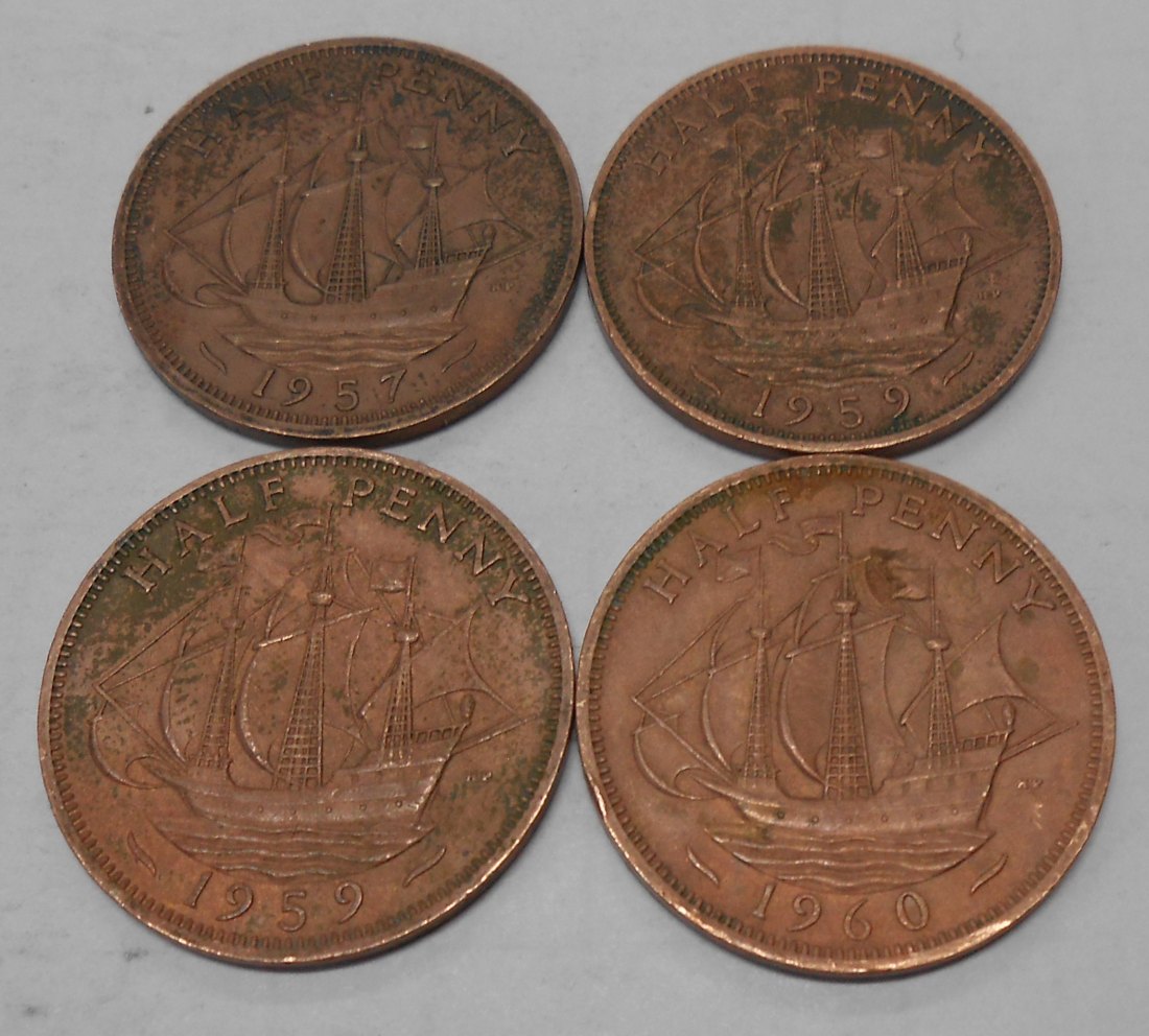  TK5 Großbritannien 4er Lot, 1/2 Penny Elizabeth II. 1957 1959 1959 1960   