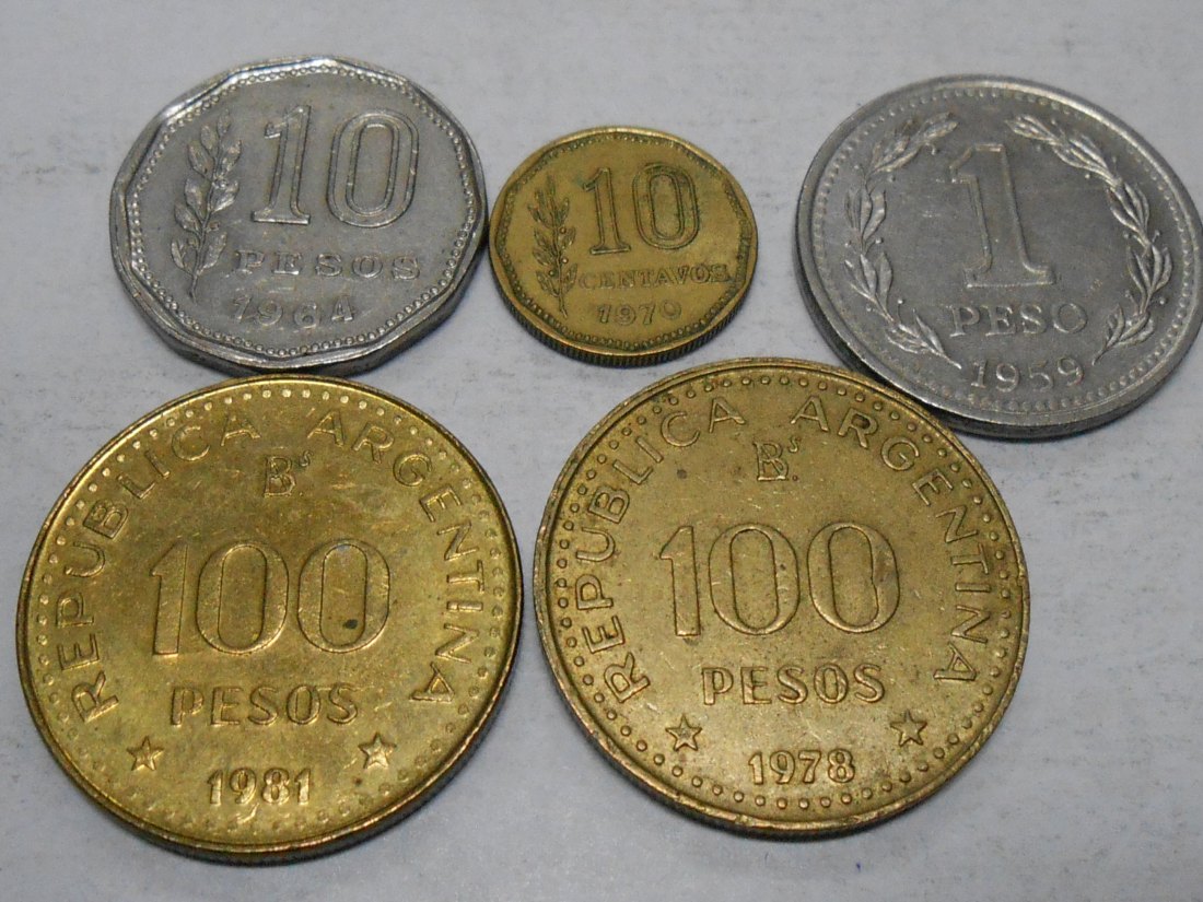  TK13 Argentinien 5er Lot,10 Cent1970,1 Peso1959,10 Pesos1964,100 Pesos1978 ,100 Pesos1981   