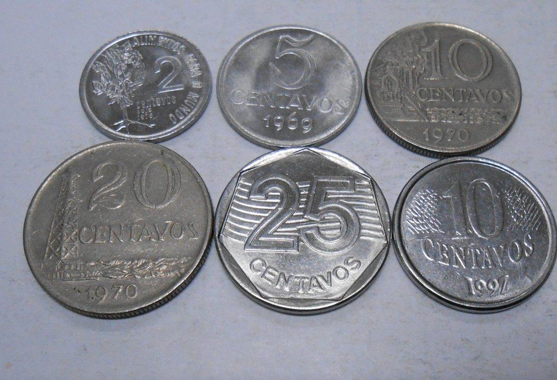 TK14 Brasilien 6er Lot, 2 Cent1975, 5 Cent1969, 10 Cent1970+1997, 20 Cent1970,25 Cent 1994