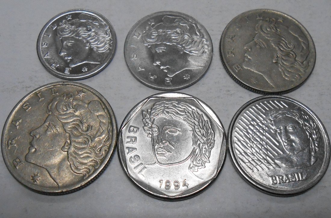  TK14 Brasilien 6er Lot, 2 Cent1975, 5 Cent1969, 10 Cent1970+1997, 20 Cent1970,25 Cent 1994   