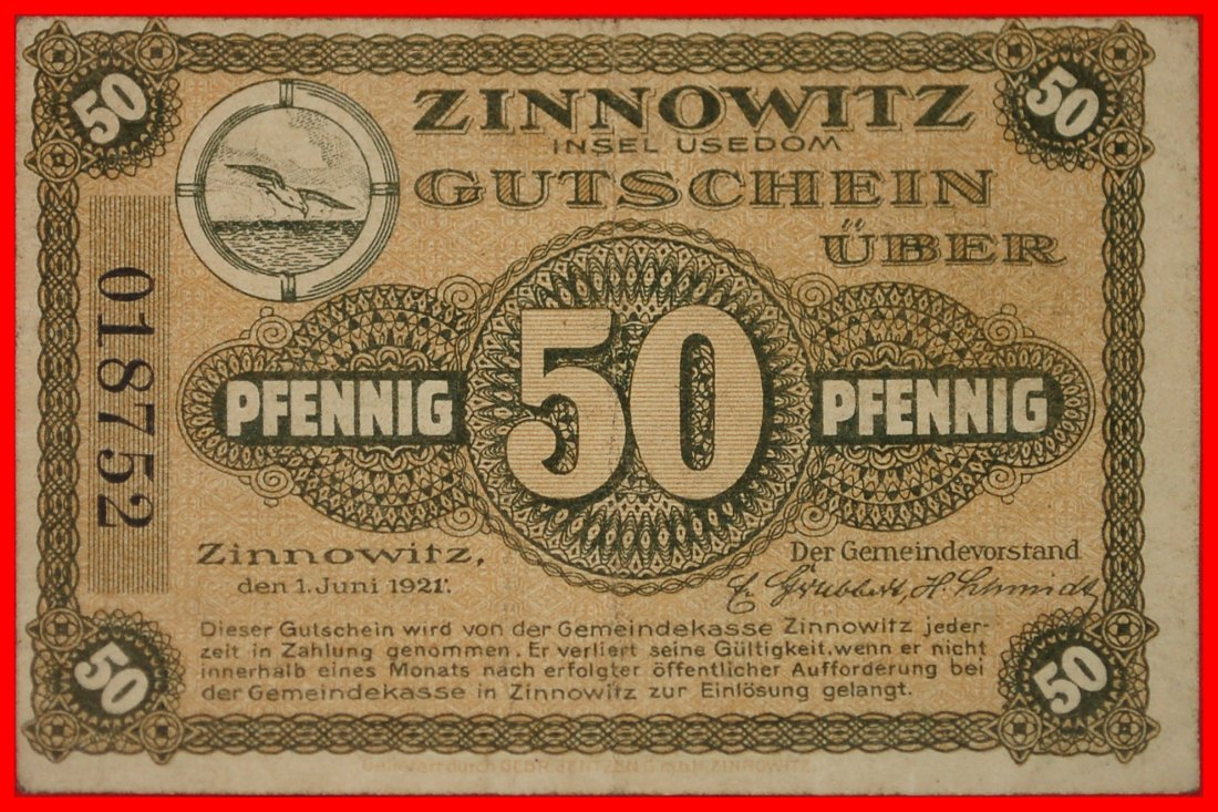  * POMMERN: DEUTSCHLAND ZINNOWITZ ★50 PFENNIG 1921 VZGL KNACKIG! GERADE VERÖFFENTLICHT★OHNE VORBEHALT   