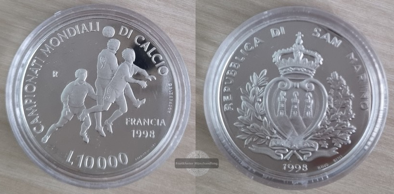  San Marino  10.000 Lire Fußball- Weltmeisterschaft 1998 FM-Frankfurt  Feingewicht: 18,73g  Silber   