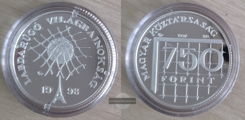  Ungarn, 750 Forint  1997  Fußball Weltmeisterschaft 1998  FM-Frankfurt  Feinsilber: 5g   