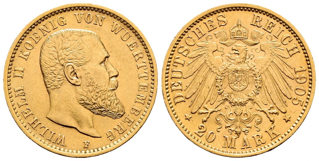 PEUS 1418 Kaiserreich - Württemberg 7,16 g Feingold. Wilhelm II. (1891 - 1918) 20 Mark GOLD 1905 F Stuttgart Fast Stempelglanz