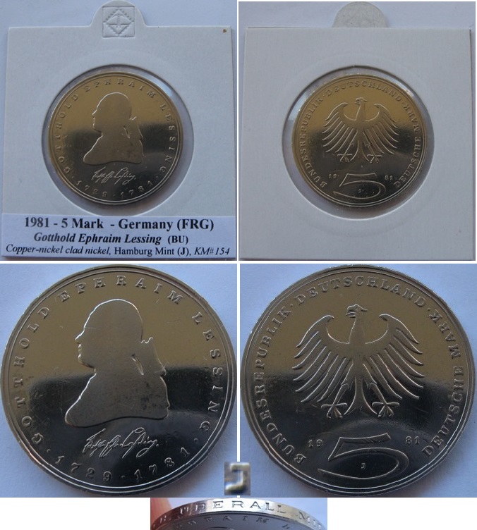  1981, Germany-Federal Republic, 5 Deutsche Mark: Gotthold Ephraim Lessing, J   