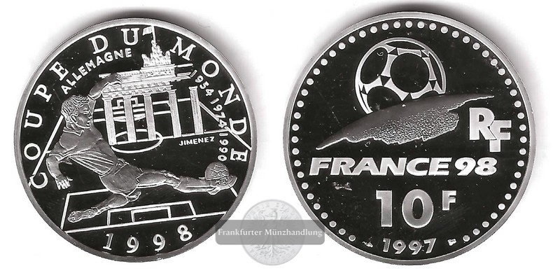  Frankreich,  10 Francs 1997  FIFA-WM  FM-Frankfurt  Feinsilber: 19,05g   