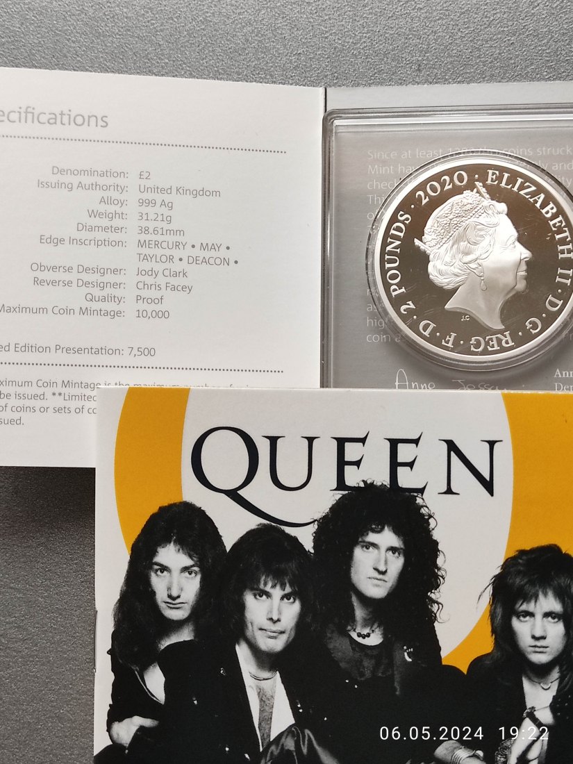  Großbritannien 1 Oz Ag 2020 proof with Au Music Pop Legends Queen 1.Issue   