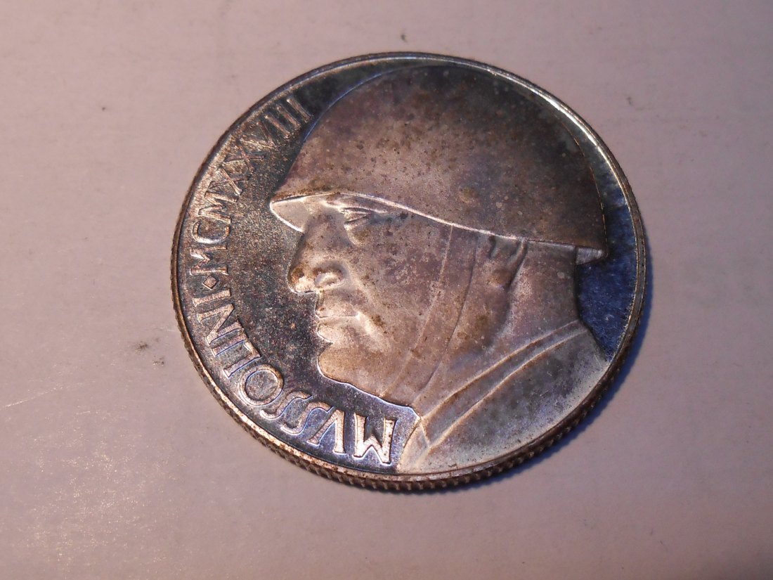  Medaille,MUSSOLINI • MCMXXVIII (1928),Italien 20 Lire P Medaillenausrichtung 0°- Kehrprägung   