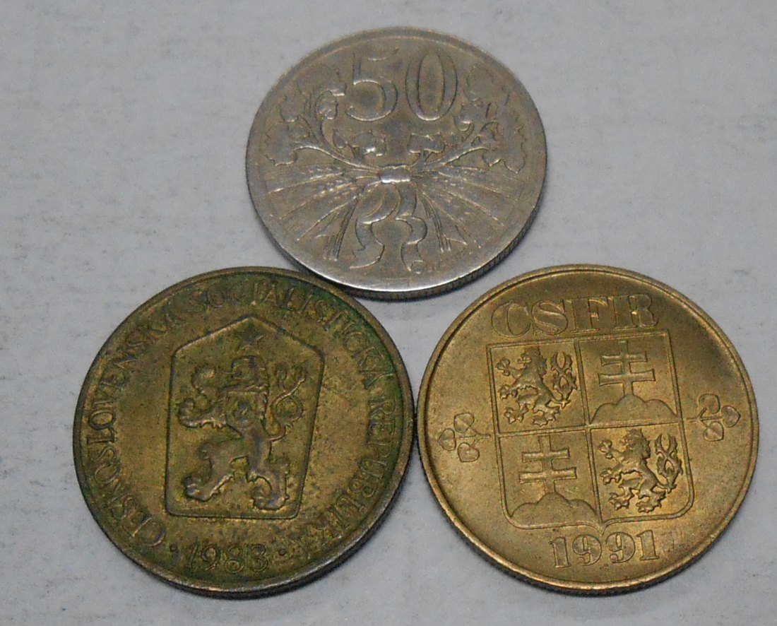  TK31 Tschechoslowakei 3er Lot, 50 Heller 1922, 1Krone 1983, 1 Krone 1991   