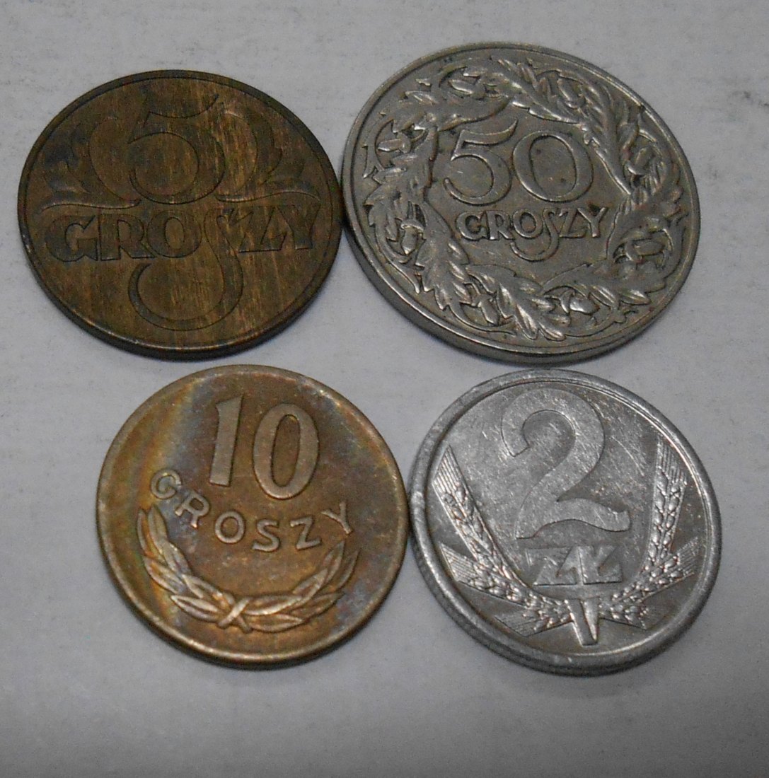  TK34 Polen 4er Lot, 5 Groszy 1938, 10 Groszy 1949, 50 Groszy 1923 und 2 Zloty 1983   