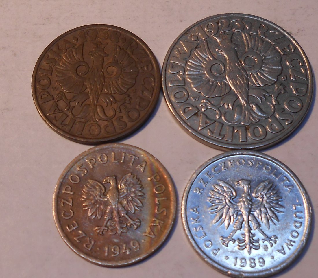  TK34 Polen 4er Lot, 5 Groszy 1938, 10 Groszy 1949, 50 Groszy 1923 und 2 Zloty 1983   