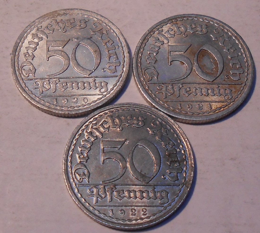  TK35 Weimarer Republik 3er Lot, 50 Reichspfennig 1920 A, 1921 A und 1922 E   
