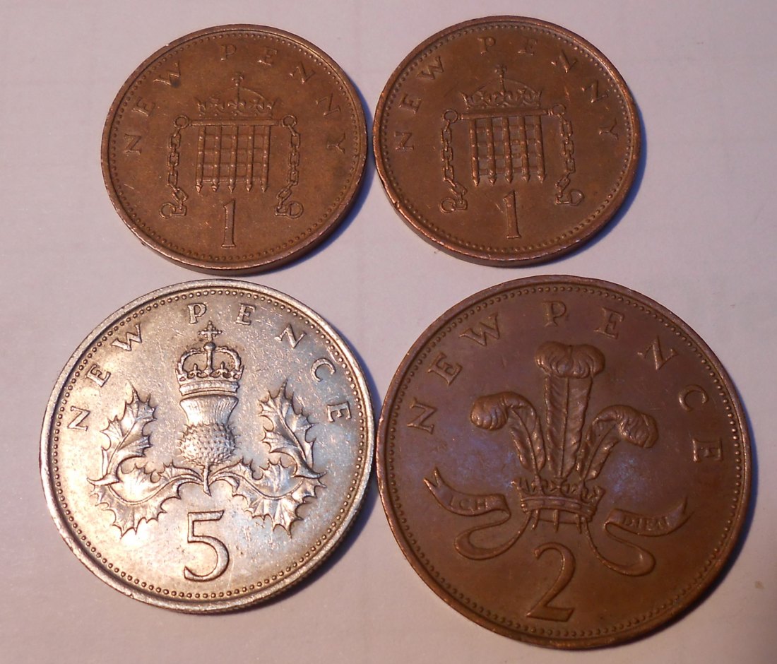  TK47 Großbritannien 4er Lot  1 New Pence 1971 1980, 2 New Pence 1971, 5 New Pence 1970   