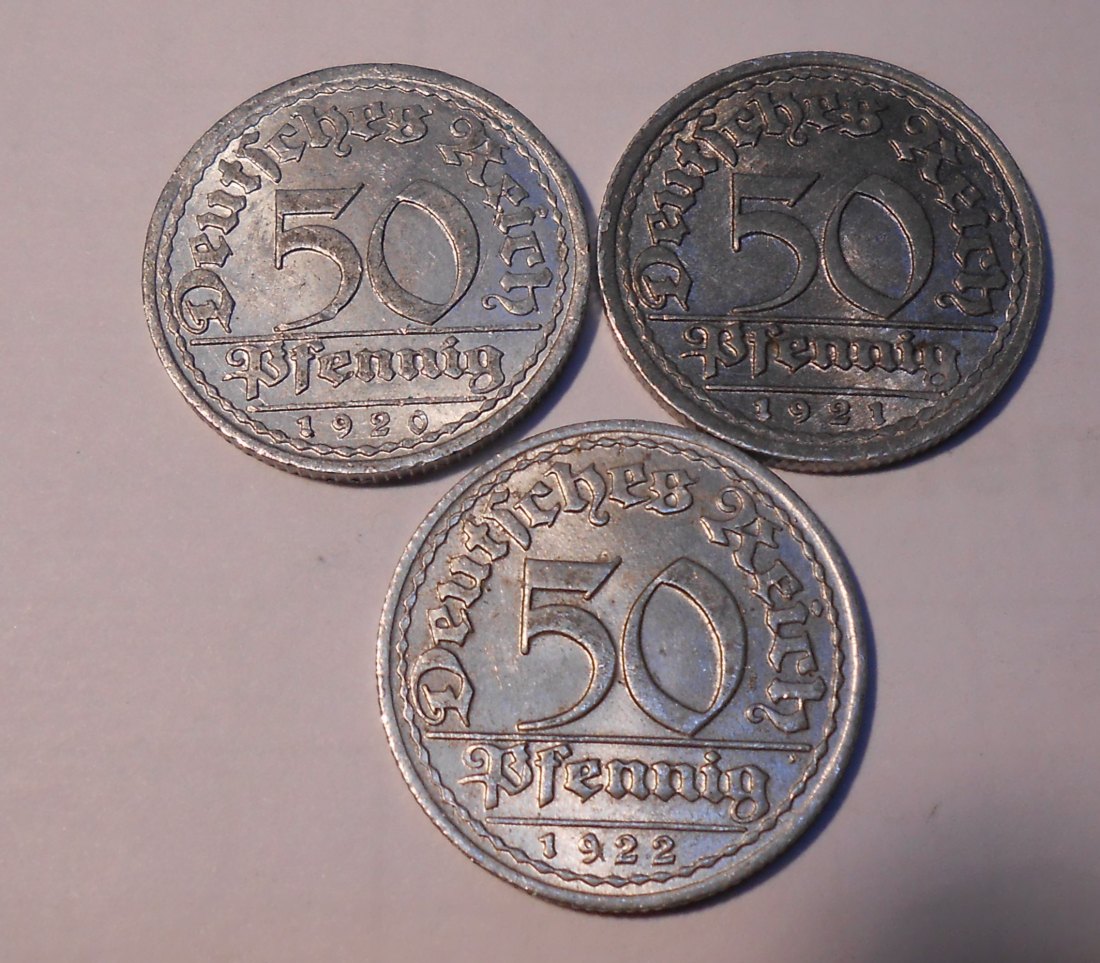  TK48 Weimarer Republik 3er Lot, 50 Reichspfennig 1920 A, 1921 F und 1922 D   