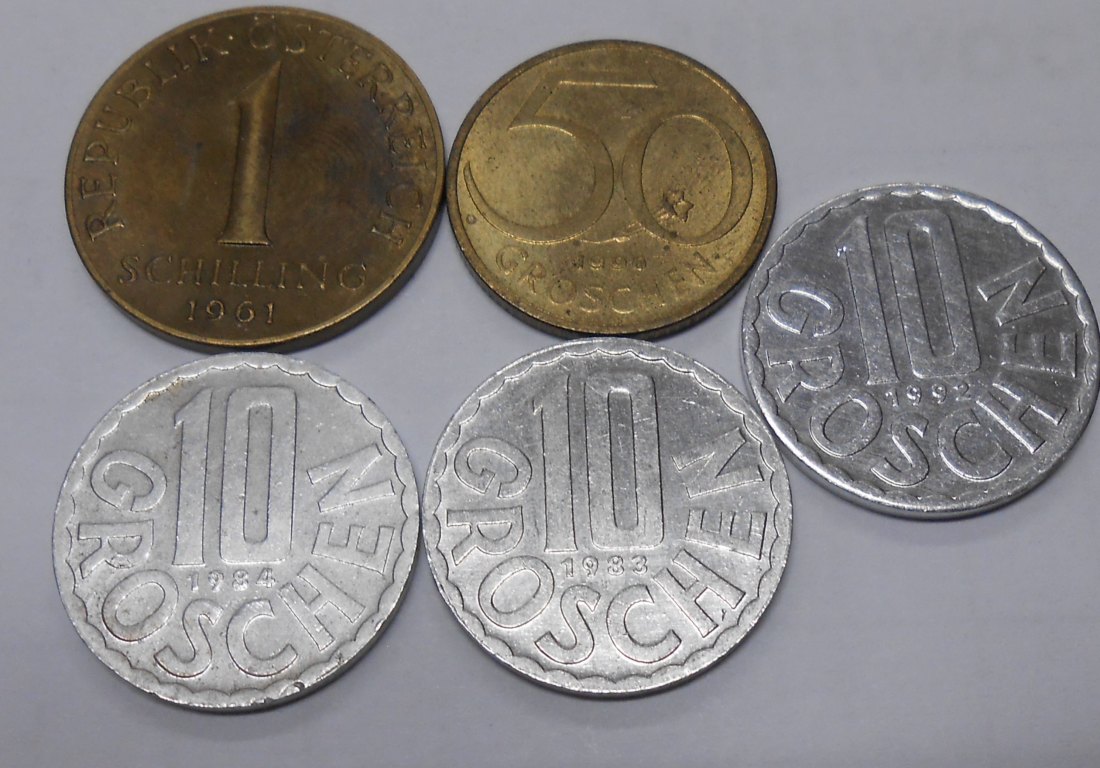  TK49 Österreich 5er Lot, 10 Groschen 1983 1984 1992, 50 Groschen 1990, 1 Schilling 1961   