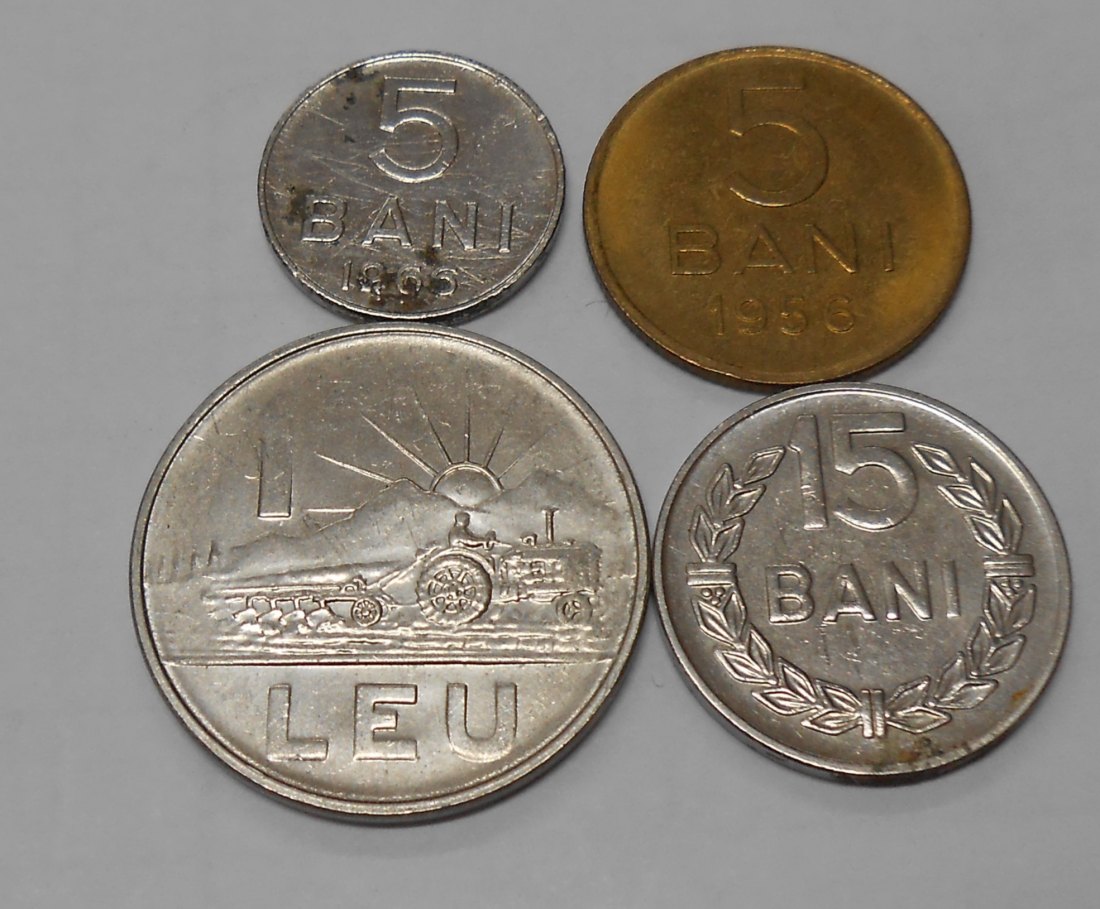  TK50 Rumänien 4er Lot, 5 Bani 1956 1966, 15 Bani 1966, 1 Leu 1966   