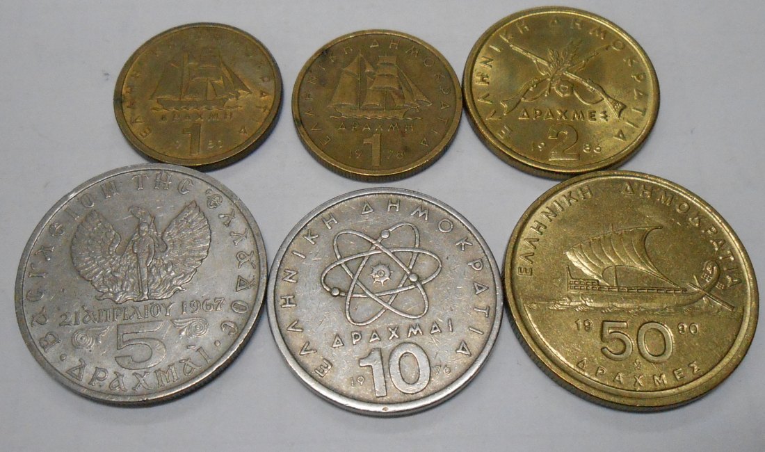 TK52 Griechenland 6er Lot,1 Dr. 1978 1980, 2 Dr.1986, 5 Dr. 1971, 10 Dr. 1976, 50 Dr. 1990