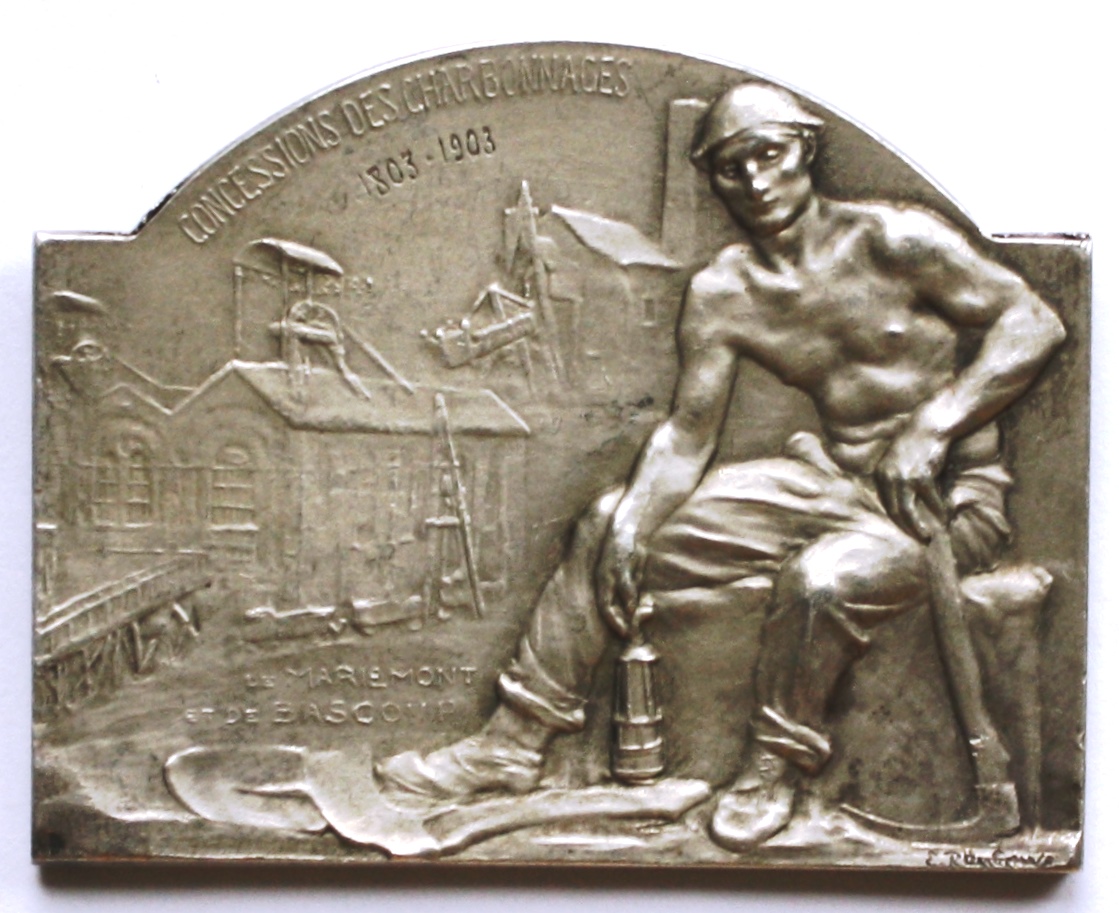  Bergbau - Belgien - Zeche Mariemont Silber Plakette 1903 von Rombaux - 107,8 g / 70,9 x 55,9 mm vz   