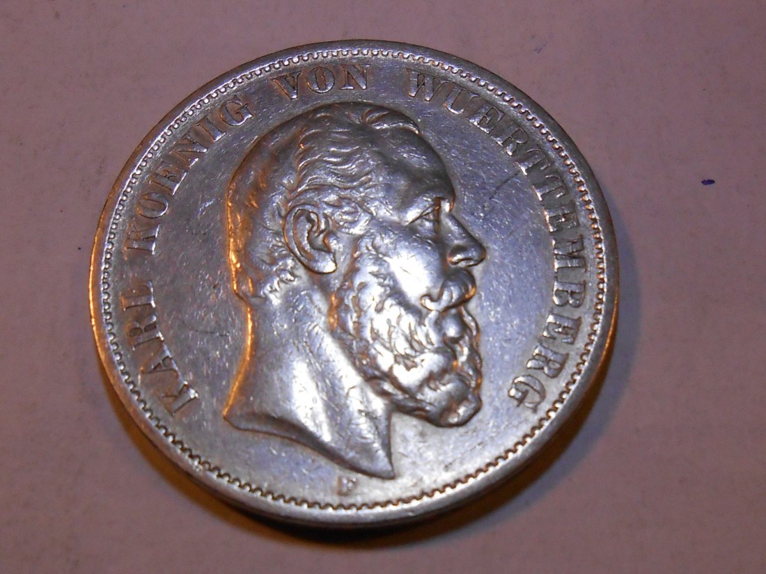  Kaiserreich Silbermünze 5 Mark Württemberg 1888 F   