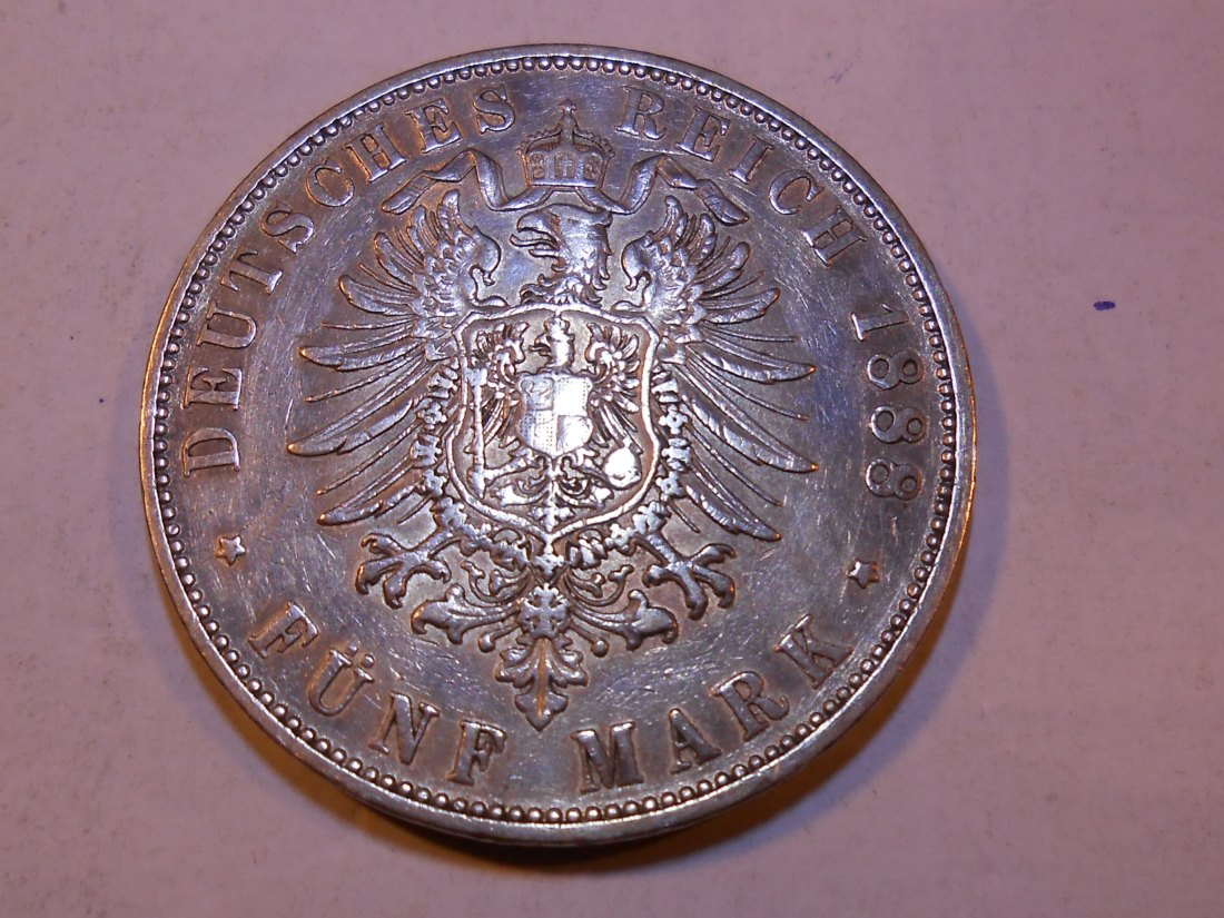  Kaiserreich Silbermünze 5 Mark Württemberg 1888 F   