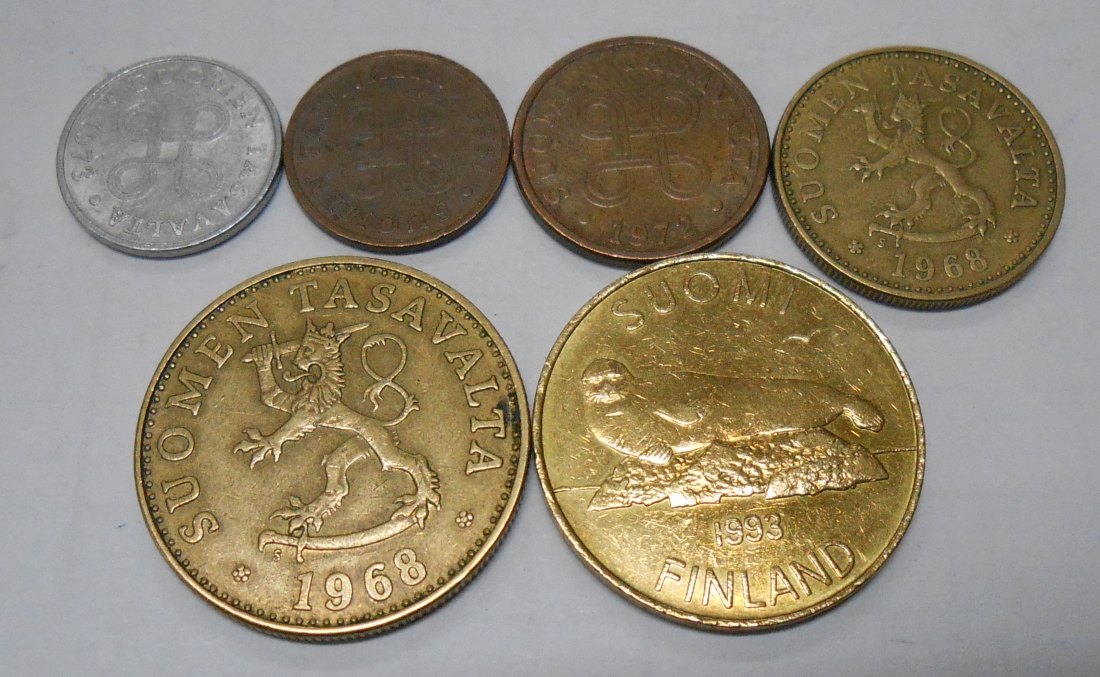  TK53 Finnland 6er Lot, 1 Penniä 65 73, 5 Penniä 72, 10 Penniä 68, 50 Penniä 68, 5 Mark 93   