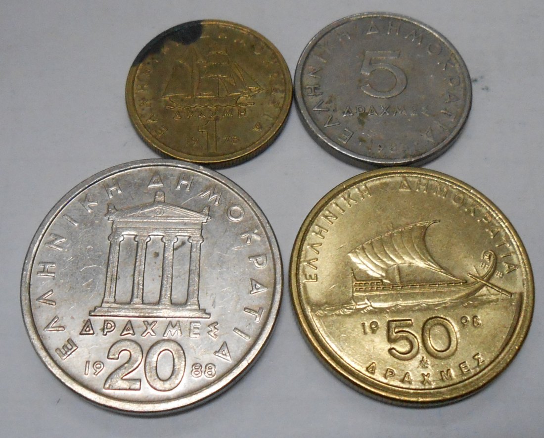 TK54 Griechenland 4er Lot, 1 Dra 1978, 5 Dra 1984, 20 Dra 1988, 50 Dra 1998