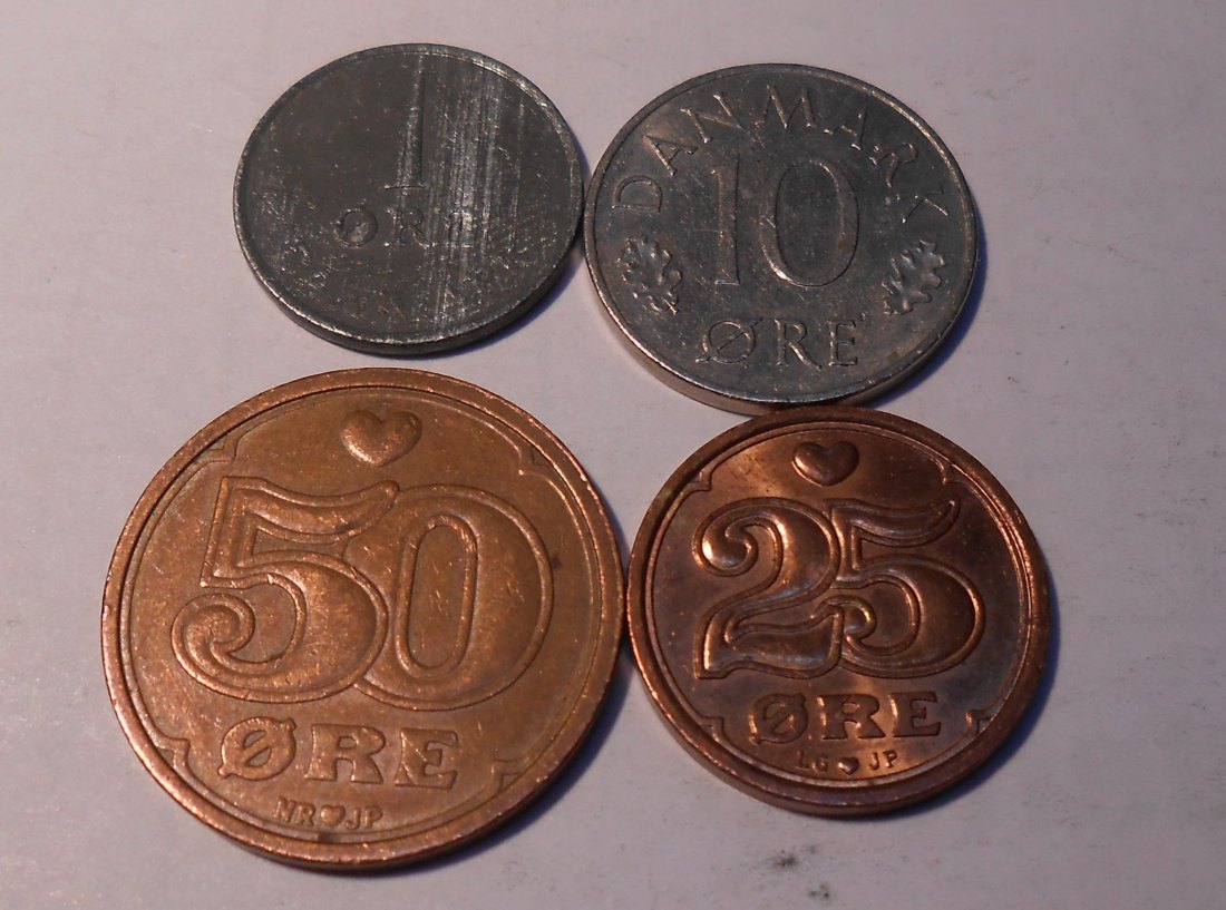 TK56 Dänemark 4er Lot, 1 Öre 1965, 10 Öre 1975, 25 Öre 1991, 50 Öre 1989