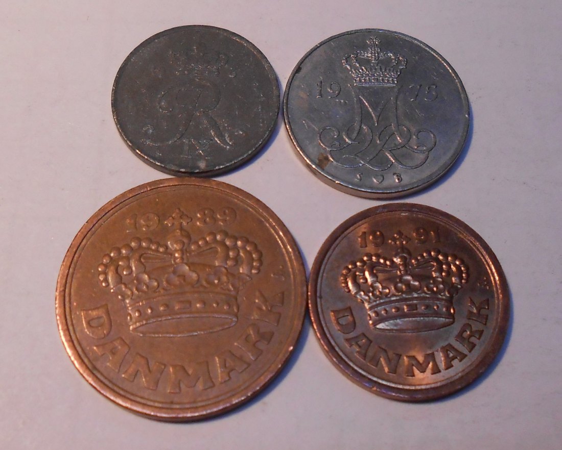  TK56 Dänemark 4er Lot, 1 Öre 1965, 10 Öre 1975, 25 Öre 1991, 50 Öre 1989   