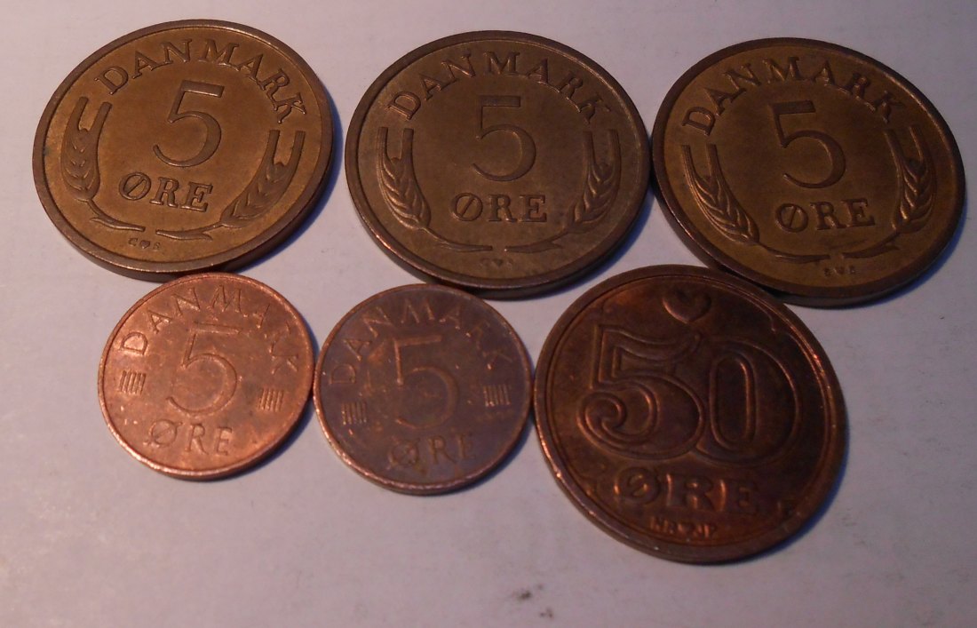  TK57 Dänemark 6er Lot, 5 Öre 1967 1970 1972 1973 1978, 50 Öre 1989   