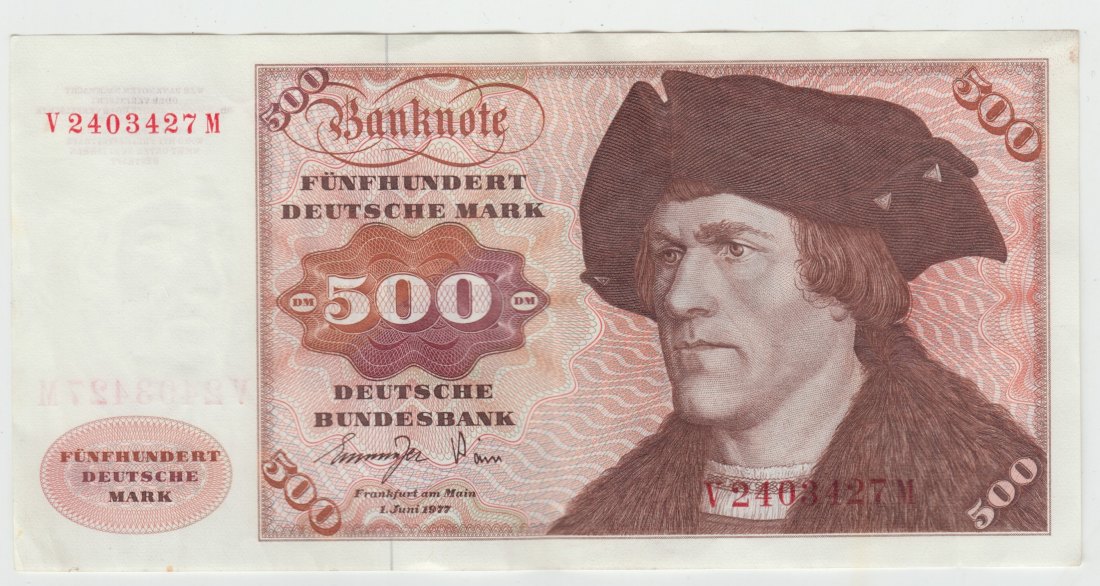  Ro. 279 a, 500 Deutsche Mark vom 01.06.1977, V2403427M, leicht gebrauchte Erhaltung II   