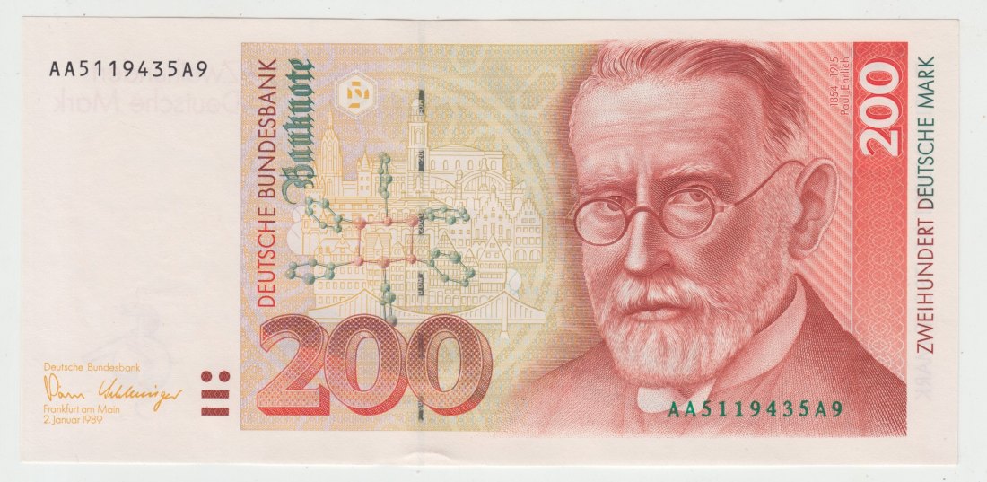  Ro. 295 a, 200 Deutsche Mark vom 02.01.1989, AA5119435A9, fast kassenfrische Erhaltung I-   