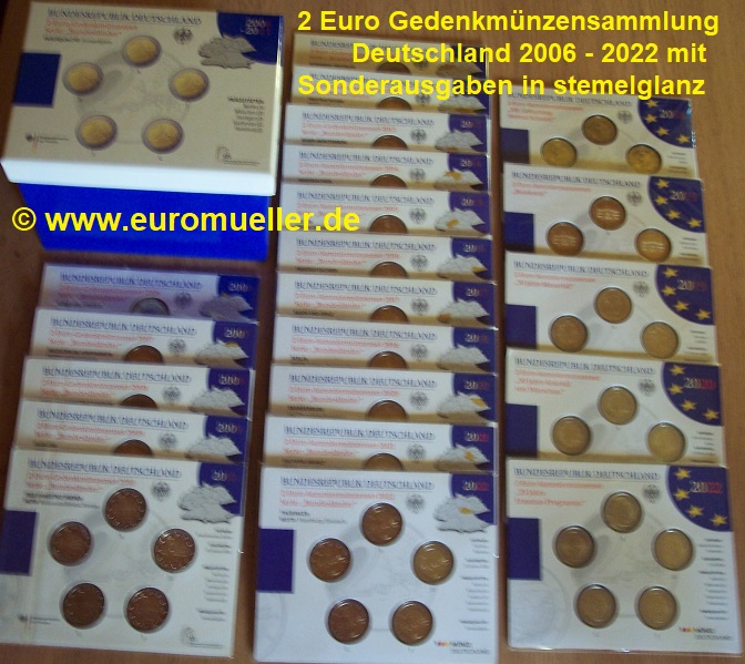 Deutschland 21x 2 Euro Gedenkmünzenset 2006-2022...stgl./bu. im Blister   