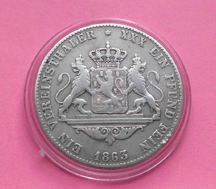  1 Vereinstaler XXX ein Pfund fein 1863 Nassau mit Randprägung in Kapsel absolut rar !   