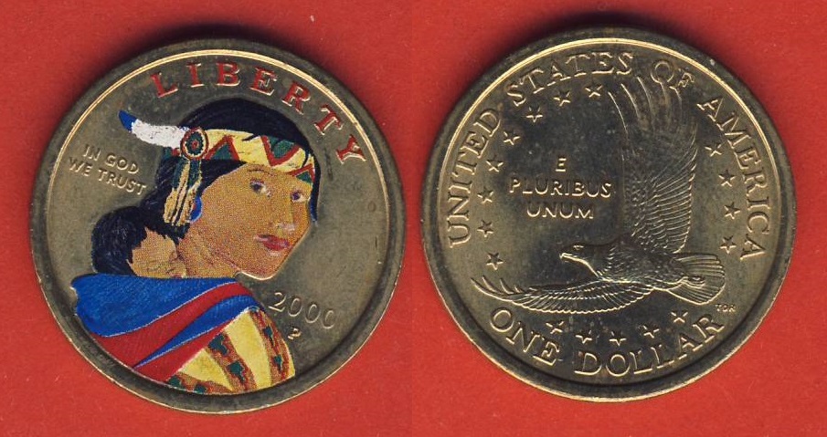  USA 1 Dollar 2000 P Sacagawea mit Farbe RAR   