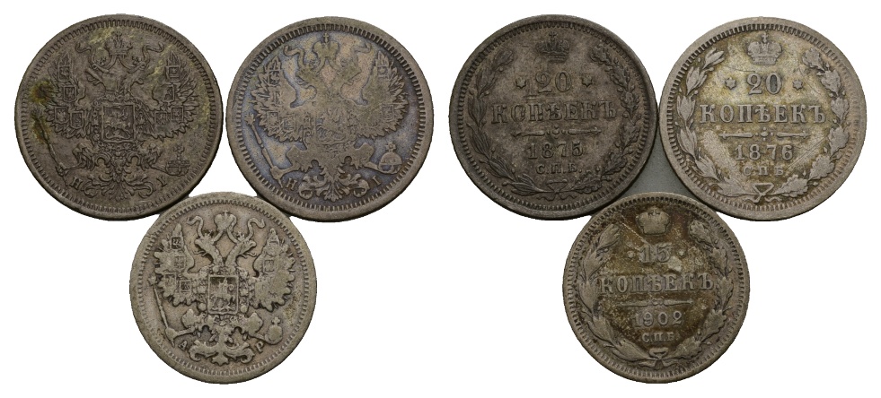  Ausland; Russland; 3 Kleinmünzen; 20/20/15 Kopeken 1875/1876/1902   