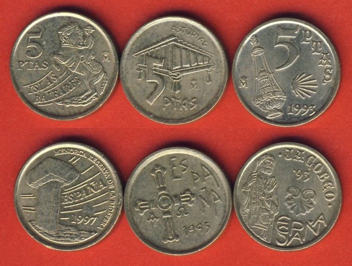  Spanien 3x verschiedene 5 Pesetas 1993 + 1995 + 1997   