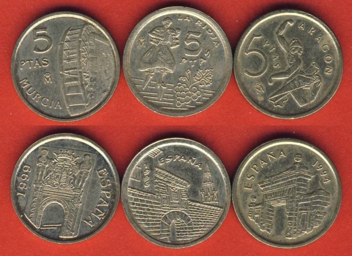  Spanien 3x verschiedene 5 Pesetas 1994 + 1996 + 1999   