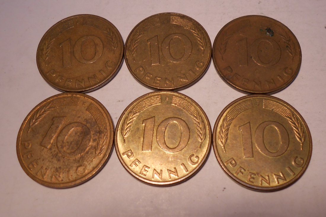  M.132. BRD 6er Lot, 10 Pfennig 1979F+1983J+1990F+1995F+1996J   