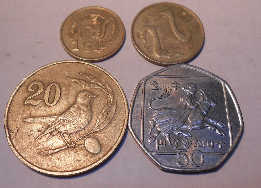  M.134. Zypern 4er Lot, 1 Cent 1983, 2 Cent 1985, 20 Cent 1983, 50 Cent 1993   