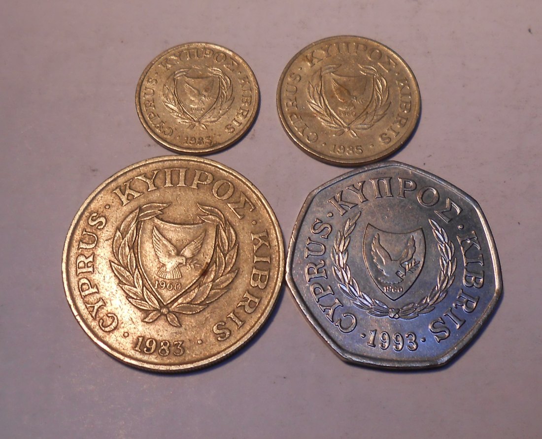  M.134. Zypern 4er Lot, 1 Cent 1983, 2 Cent 1985, 20 Cent 1983, 50 Cent 1993   