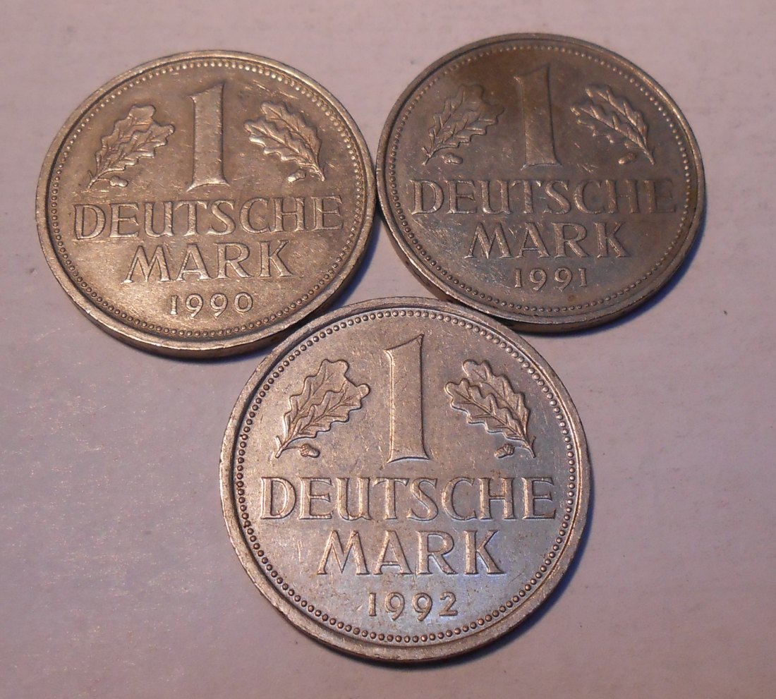  M.135. BRD 3er Lot, 1 Mark 1990F+1991G+1992 A   