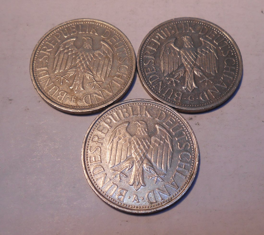  M.135. BRD 3er Lot, 1 Mark 1990F+1991G+1992 A   