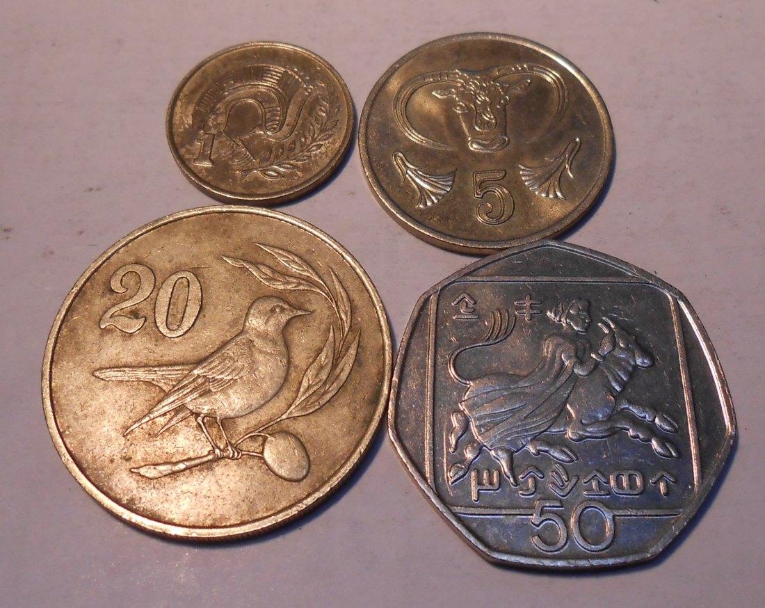 M.136. Zypern 4er Lot, 1 Cent 1987, 5 Cent 1988, 20 Cent 1983, 50 Cent 1994