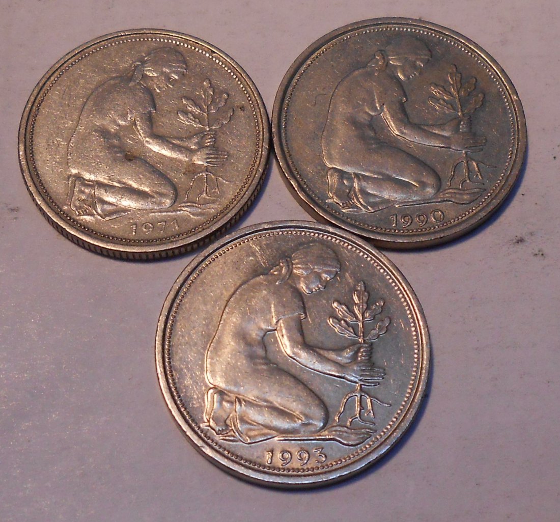  M.137. BRD 3er Lot, 50 Pfennig 1971D + 1990A + 1993A   