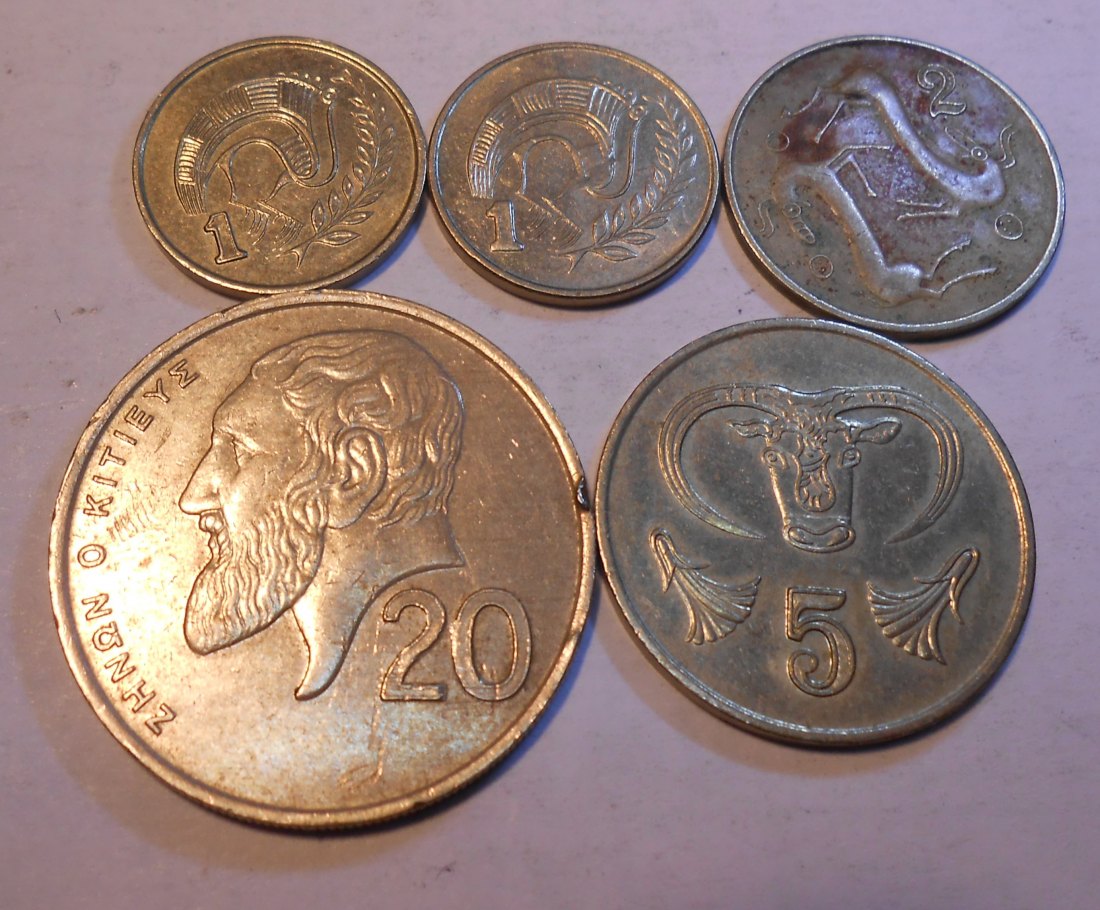  M.138. Zypern 5er Lot, 1 Cent 1992+1993, 2 Cent 1993, 5 Cent 1993, 20 Cent 1990   