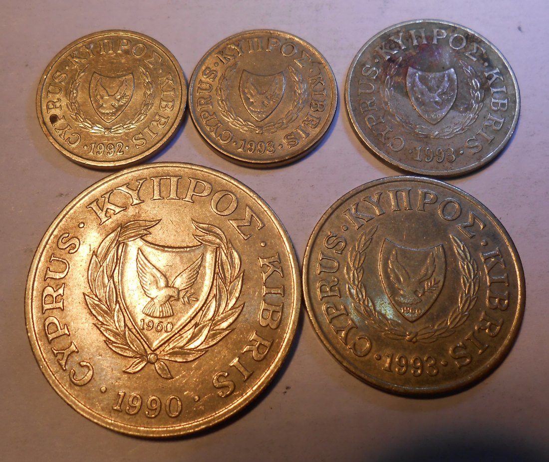  M.138. Zypern 5er Lot, 1 Cent 1992+1993, 2 Cent 1993, 5 Cent 1993, 20 Cent 1990   