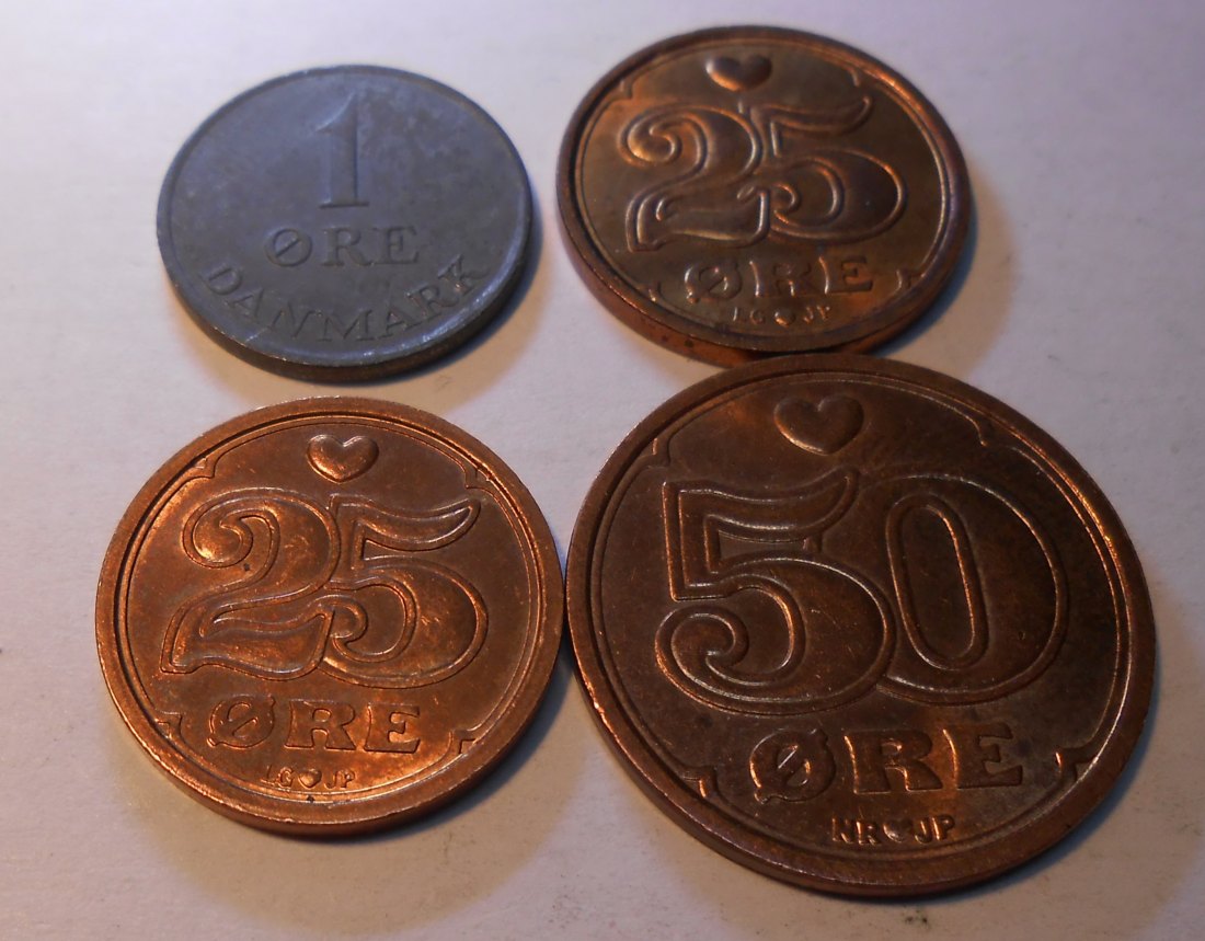  TK58 Dänemark 4er Lot, 1 Öre 1966, 25 Öre 1990 1991, 50 Öre 1989   